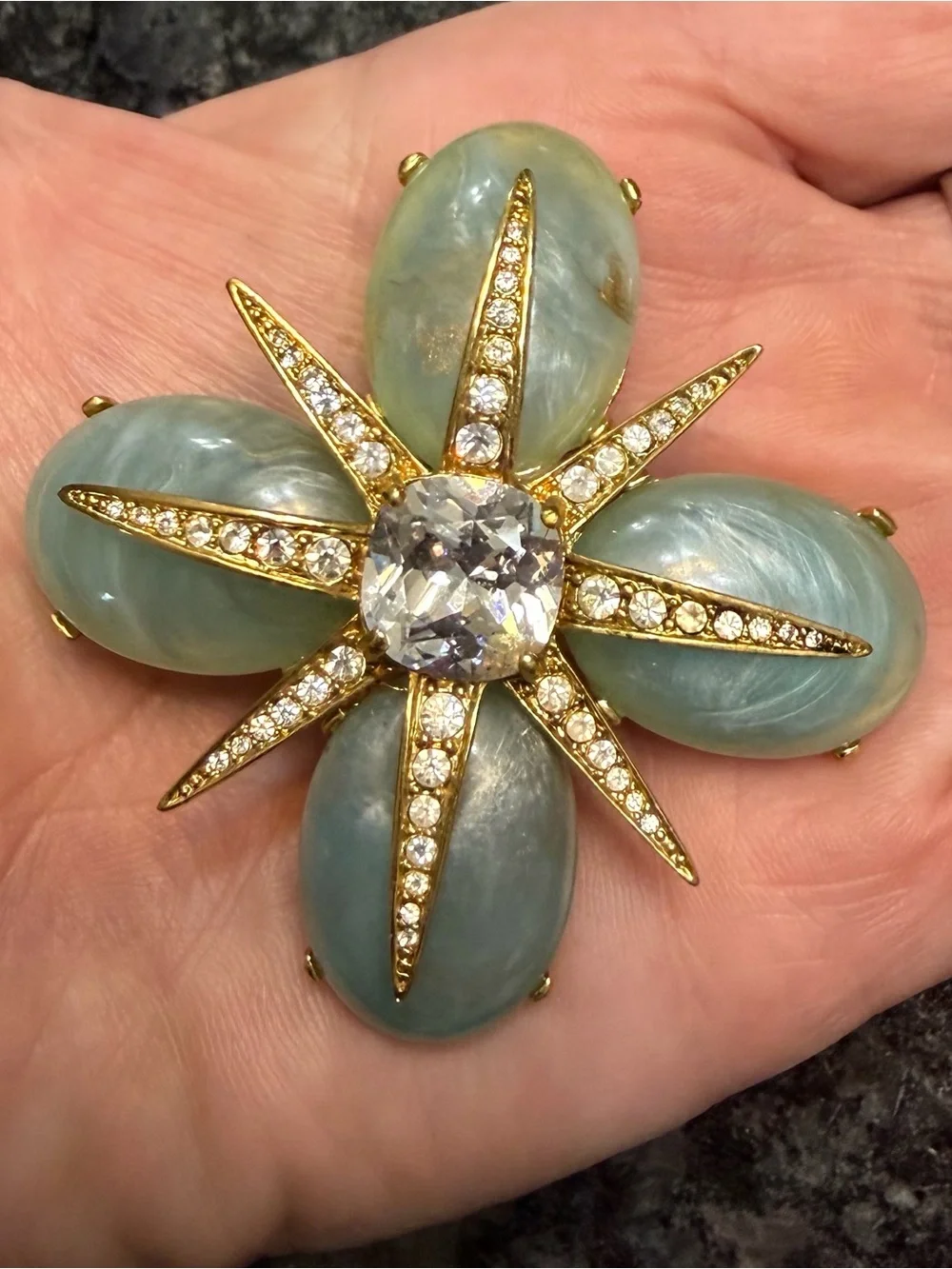 Gold-Tone Aqua Flower Crystal Brooch - Women Jewelry